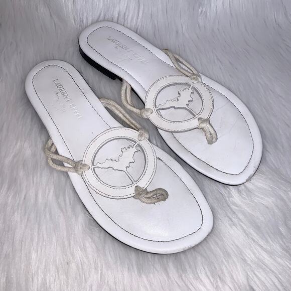 Laurent Effel Leather Logo Thong Sandal Logo Flat Flip Flops, White - Picture 1 of 5